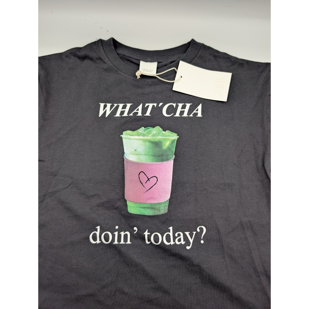 Zara Kids What'Cha Doin' Today? Coffee Graphic T-Shirt Black NWT 9-10 Years